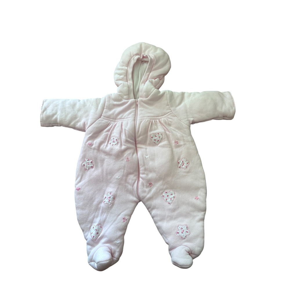 Friedknit Creations Pink Hooded Pram Suit 3M Floral Heart Embroidered Bunting